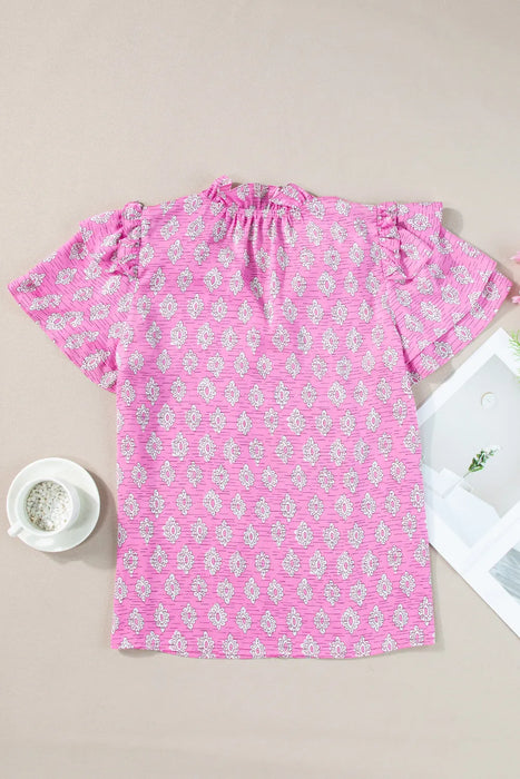 Ruffled Printed Tie Neck Short Sleeve Blouse