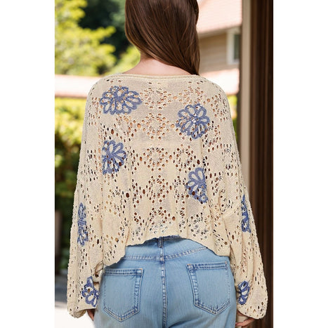 Openwork Round Neck Long Sleeve Knit Top