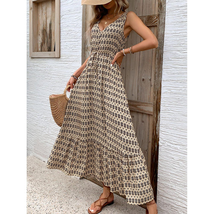 Printed V-Neck Tie Waist Midi Dress