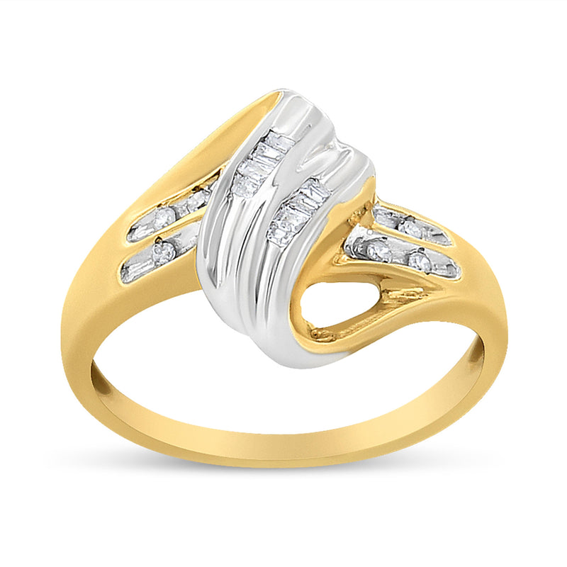 Bids.com 10K Yellow and White Gold 1/10 Cttw Baguette and Round-Cut Diamond Bypass Ring (I2 Color, H-I Clarity) - Size 7 Rings