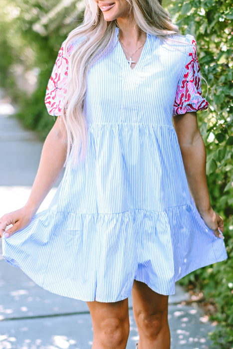 Stripe Contrast Floral Puff Sleeve Tiered Ruffle Dress