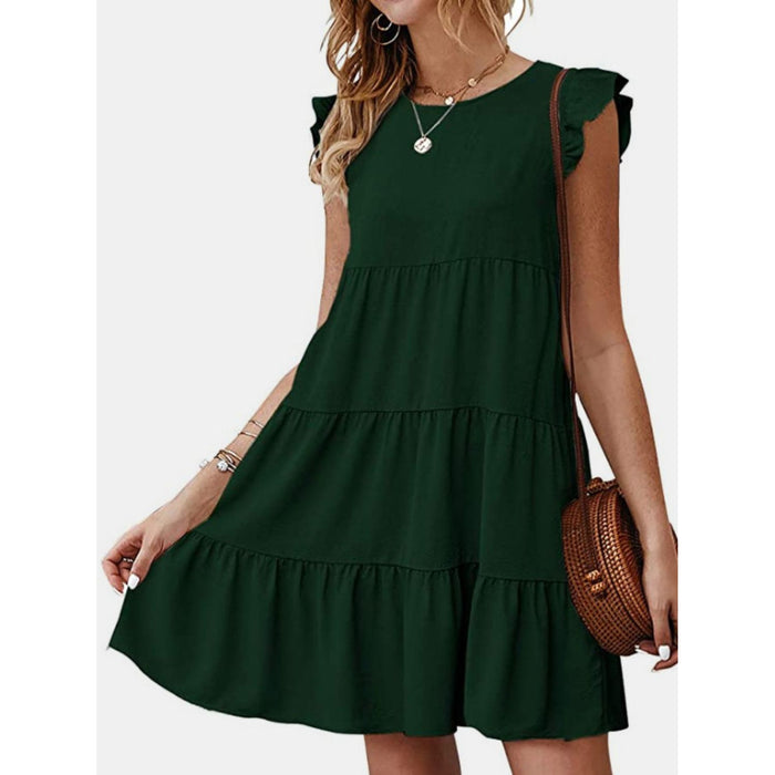 Ruffled Round Neck Cap Sleeve Mini Dress