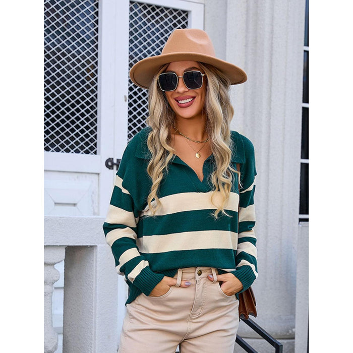 Striped Johnny Collar Knit Top