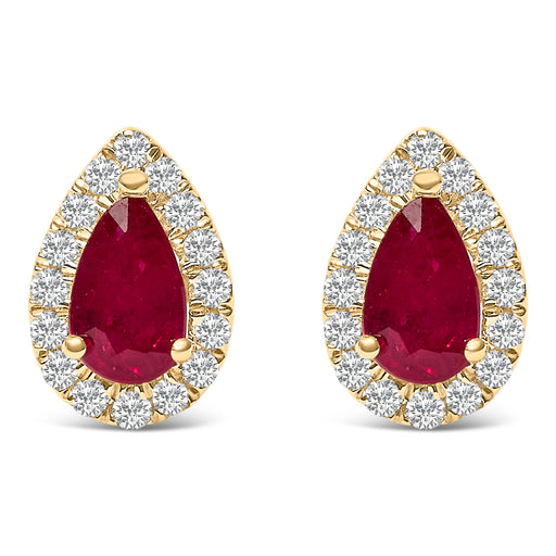 Bids.com 10K Yellow Gold 5X3 MM Pear-Cut Ruby and 1/7 Cttw Diamond Halo Stud Earrings (I-J Color, I1-I2 Clarity) Earrings