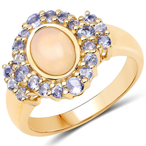 Bids.com 14K Yellow Gold Plated 1.74 Carat Genuine Ethiopian Opal and Tanzanite .925 Sterling Silver Ring Rings