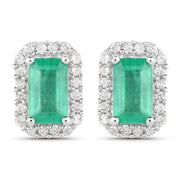 Bids.com 0.91 Carat Genuine Zambian Emerald and White Diamond 14K White Gold Earrings Earrings