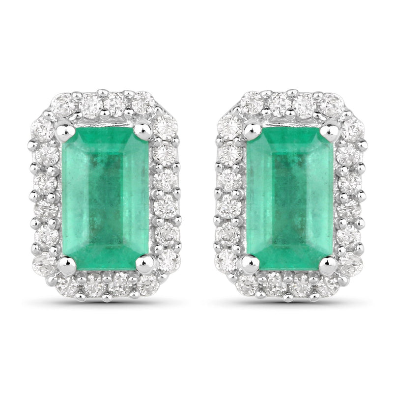 Bids.com 0.91 Carat Genuine Zambian Emerald and White Diamond 14K White Gold Earrings Earrings