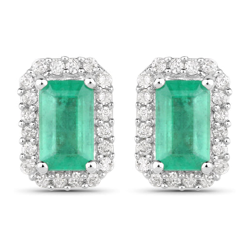 Bids.com 0.91 Carat Genuine Zambian Emerald and White Diamond 14K White Gold Earrings Earrings