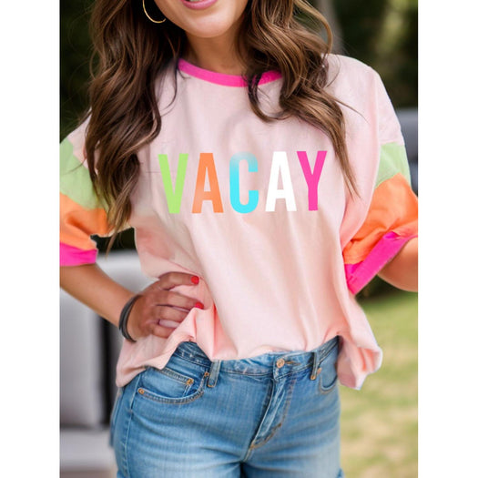 Letter Graphic Color Block Round Neck Half Sleeve T-Shirt