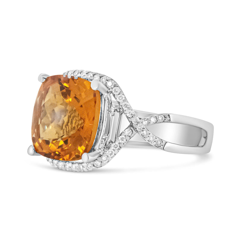 Bids.com 14K White Gold 12mm Cushion Cut Yellow Citrine Gemstone and 1/3 Cttw Round Pave-Set Diamond Ring - (H-I Color, VS1-VS2 Clarity)- Size 6.5 Rings