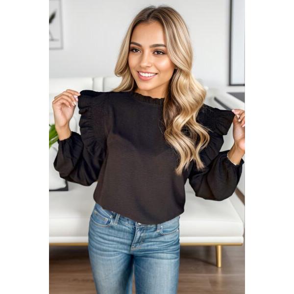 Ruffled Mock Neck Balloon Sleeve Blouse