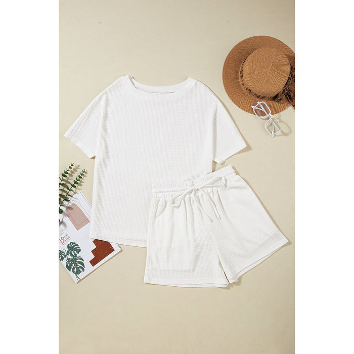 Round Neck Short Sleeve Top and Drawstring Shorts Set