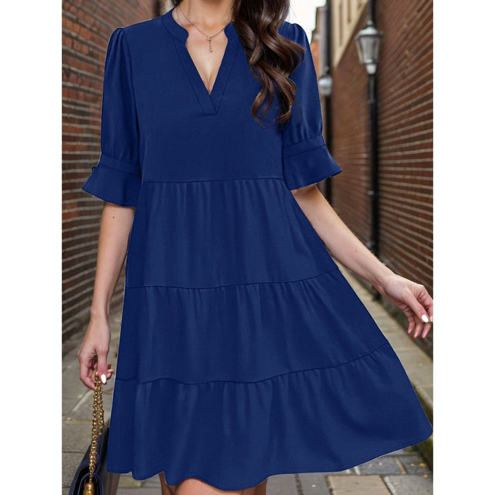 Tiered Notched Half Sleeve Dress