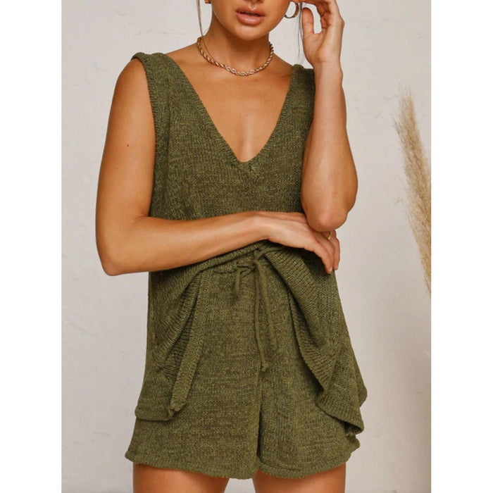 V-Neck Sleeveless Top and Drawstring Shorts Sweater Set