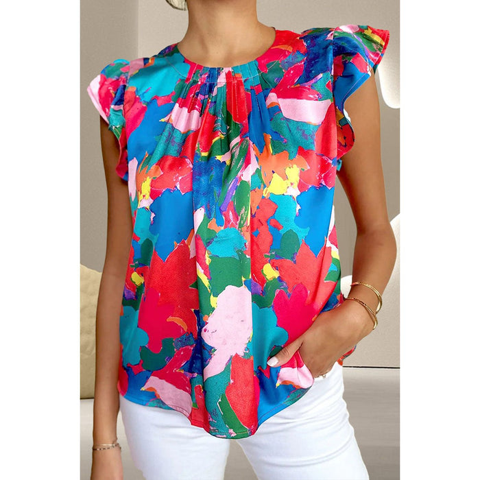 Ruffled Abstract Print Round Neck Cap Sleeve Blouse