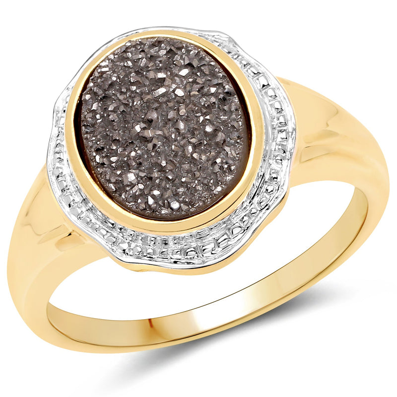 Bids.com 14K Yellow Gold Plated 4.50 Carat Genuine Drusy Quartz .925 Sterling Silver Ring Rings