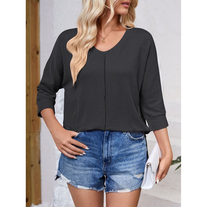 Textured Round Neck Three-Quarter Sleeve Blouse