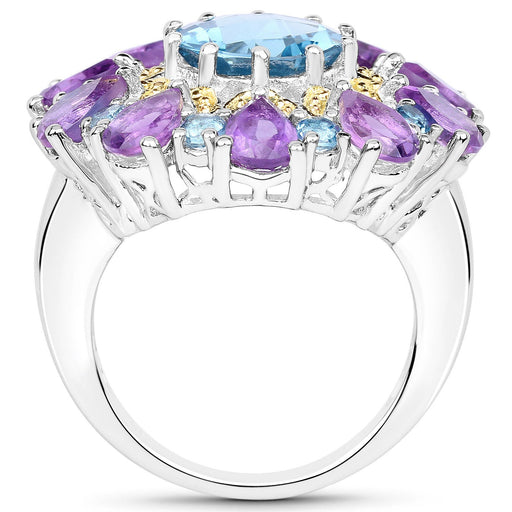 Bids.com 8.86 Carat Genuine London Blue Topaz and Amethyst .925 Sterling Silver Ring Rings