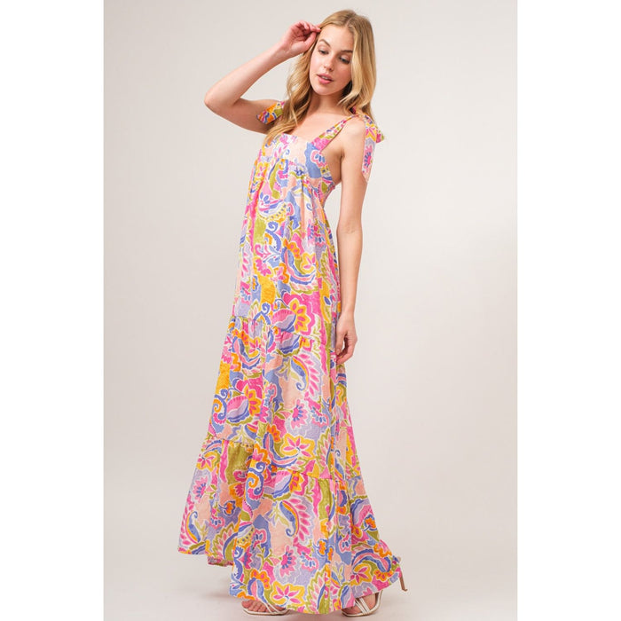 And The Why Printed Tie Shoulder Tiered Maxi Dress