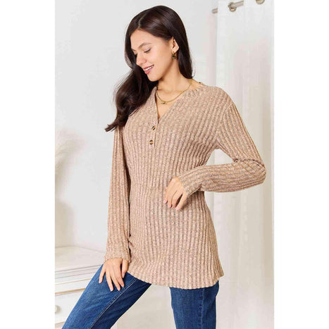 Double Take Notched Neck Ribbed Long Sleeve T-Shirt