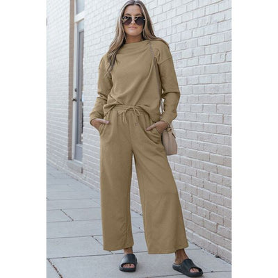 Double Take | Textured Long Sleeve Top and Drawstring Pants Set