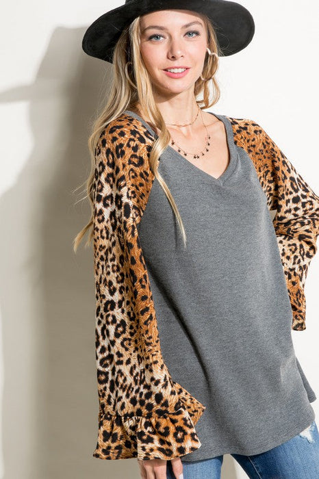 Plus Solid Cheetah Mixed Blouse Top