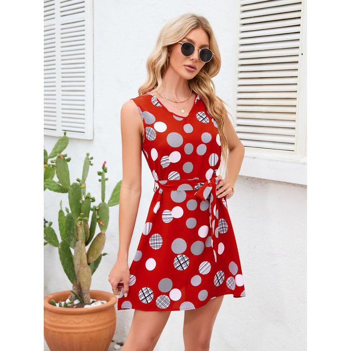 Tied Polka Dot V-Neck Dress