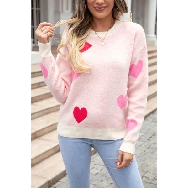 Heart Round Neck Droppped Shoulder Sweater