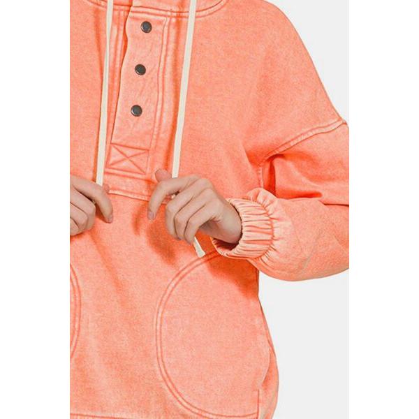 Zenana Drawstring Half Snap Dropped Shoulder Hoodie