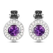 Bids.com 2.29 Carat Genuine Amethyst, Black Diamond and White Diamond .925 Sterling Silver Earrings Earrings
