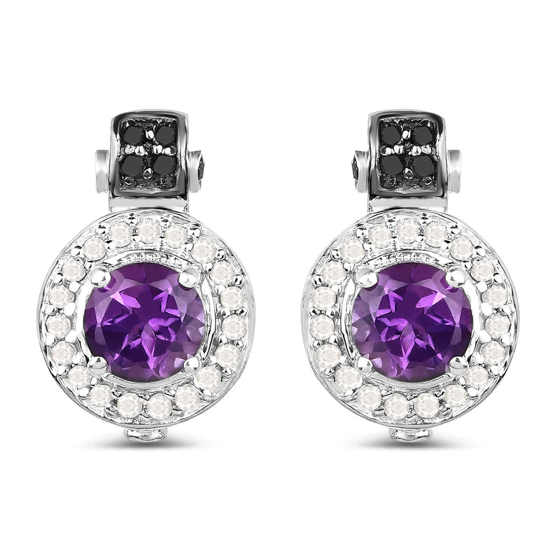 Bids.com 2.29 Carat Genuine Amethyst, Black Diamond and White Diamond .925 Sterling Silver Earrings Earrings