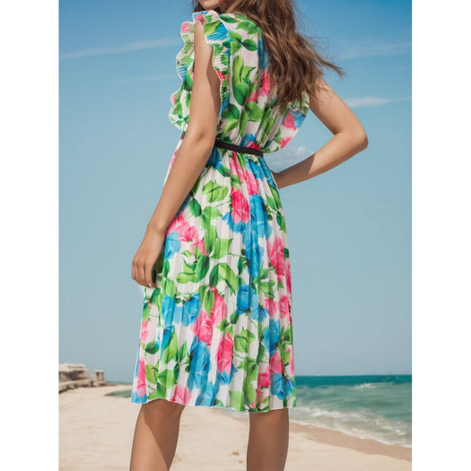 Ruffled Printed Surplice Cap Sleeve Dress