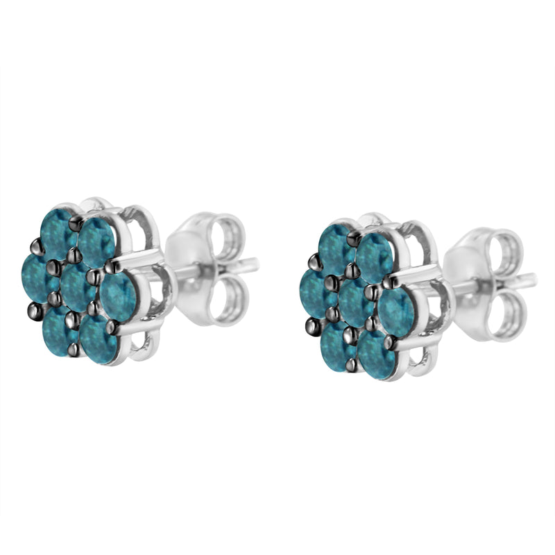 Bids.com Sterling Silver Treated Blue Diamond Floral Stud Earrings (1 cttw, Blue Color, I2-I3 Clarity) Earrings