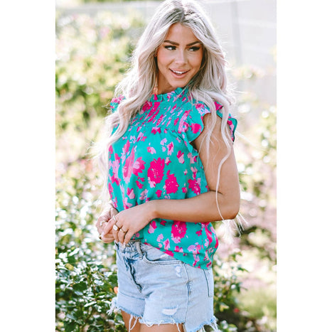 Ruffled Printed Mock Neck Cap Sleeve Blouse