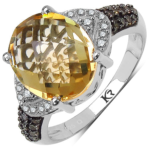 Bids.com 4.69 Carat Genuine Citrine, Champagne Diamond & White Diamond .925 Sterling Silver Ring Rings