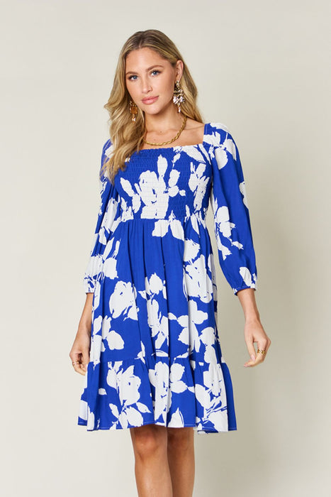 Floral Ruffle Hem Smocked Dress in Royal Blue