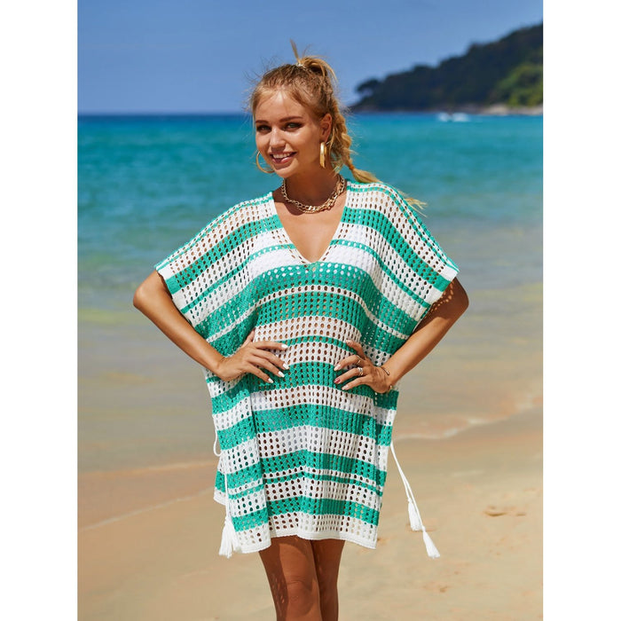 Tassel Openwork Striped V-Neck Cover Up