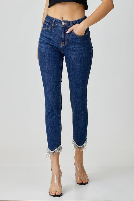 Embellished Mid Rise Crop Skinny Jeans