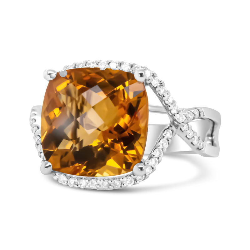 Bids.com 14K White Gold 12mm Cushion Cut Yellow Citrine Gemstone and 1/3 Cttw Round Pave-Set Diamond Ring - (H-I Color, VS1-VS2 Clarity)- Size 6.5 Rings