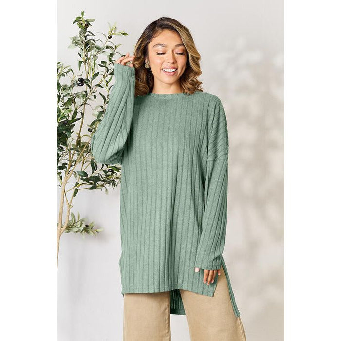 Basic Bae Ribbed Round Neck Long Sleeve Slit Top