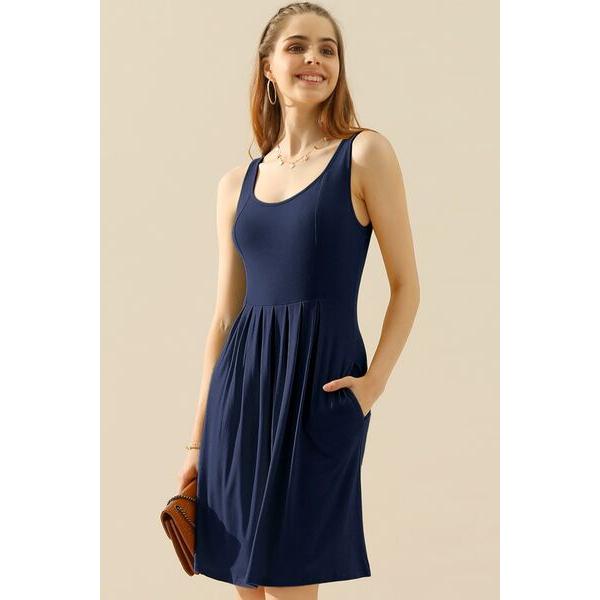 Doublju Round Neck Ruched Sleeveless Dress with Pockets