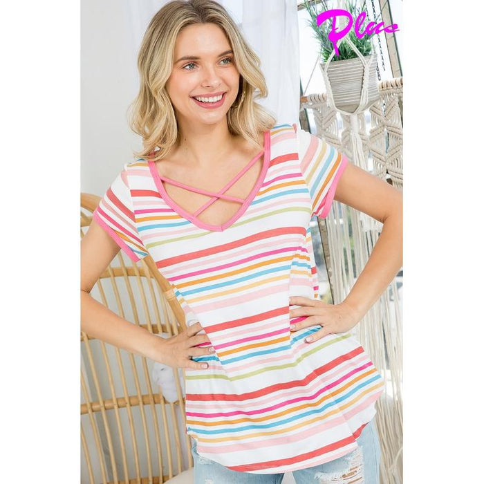 Plus Multi Stripe Lace Up Top