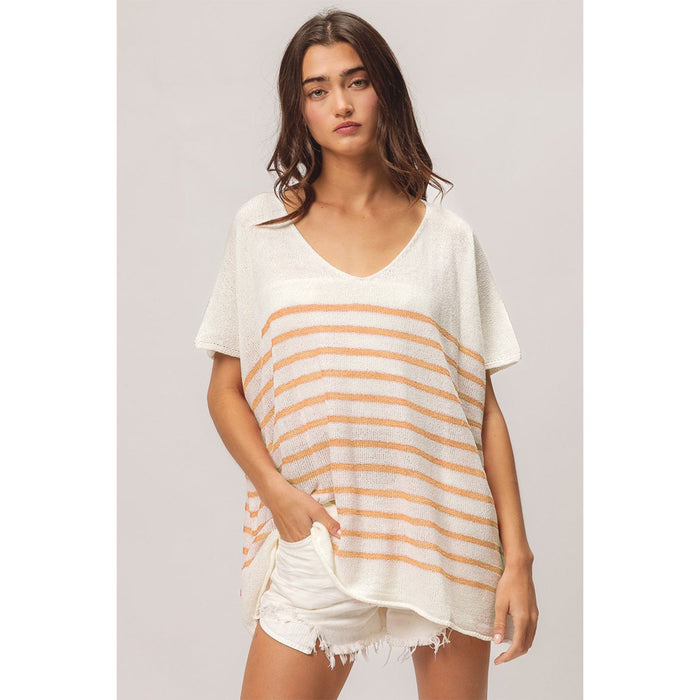 BiBi V Neck Striped Short Sleeve Top