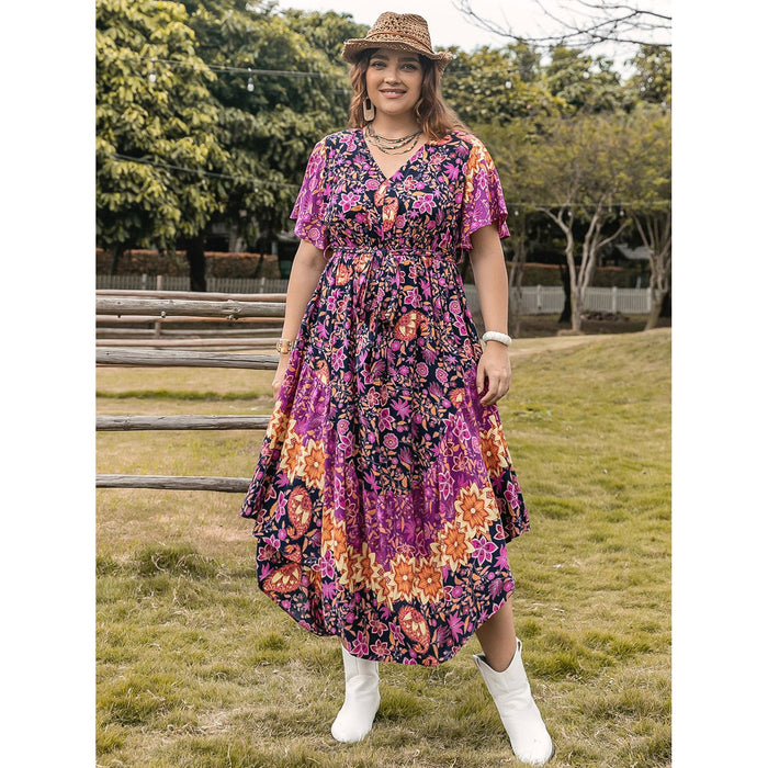 Plus Size Printed V-Neck Flutter Sleeve Midi Dress