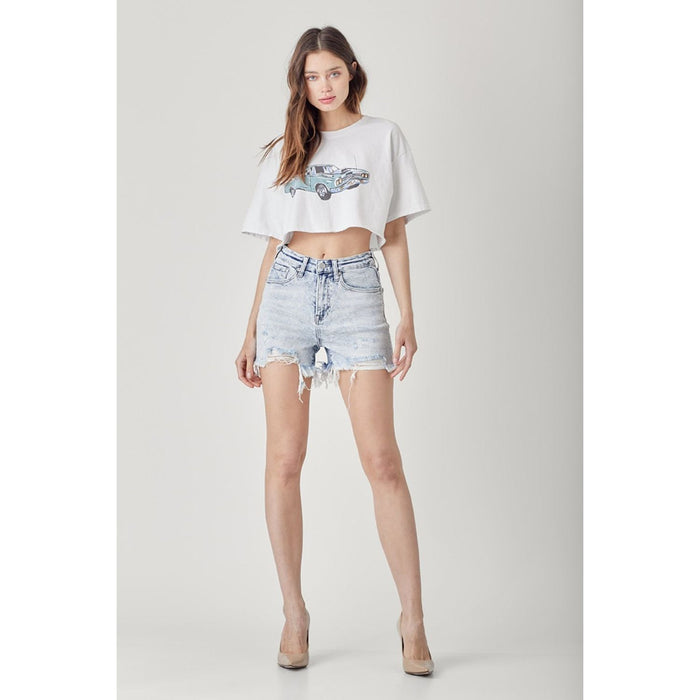 RISEN Raw Hem Distressed High Rise Denim Shorts