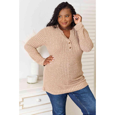 Double Take Notched Neck Ribbed Long Sleeve T-Shirt