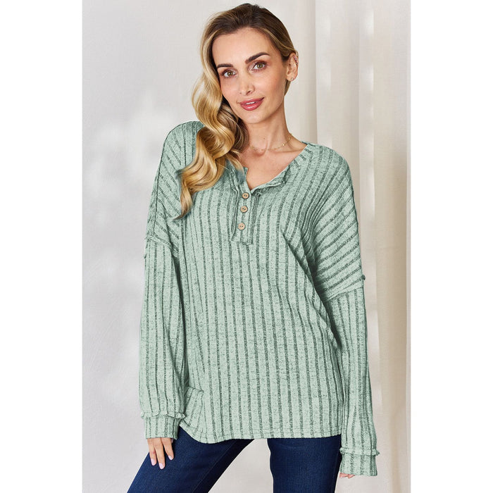 Basic Bae Ribbed Half Button Long Sleeve T-Shirt