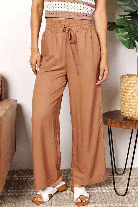 Double Take Drawstring Smocked Waist Wide Leg Pants by VYSN