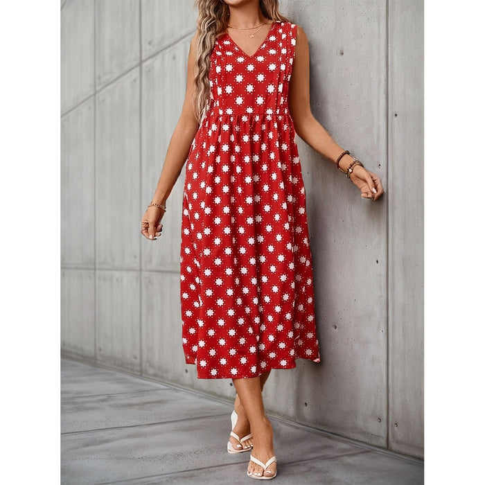 Printed V-Neck Sleeveless Midi Dress