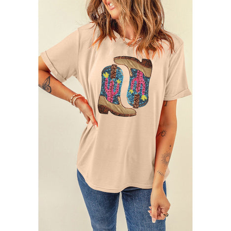 Sequin Round Neck Short Sleeve T-Shirt